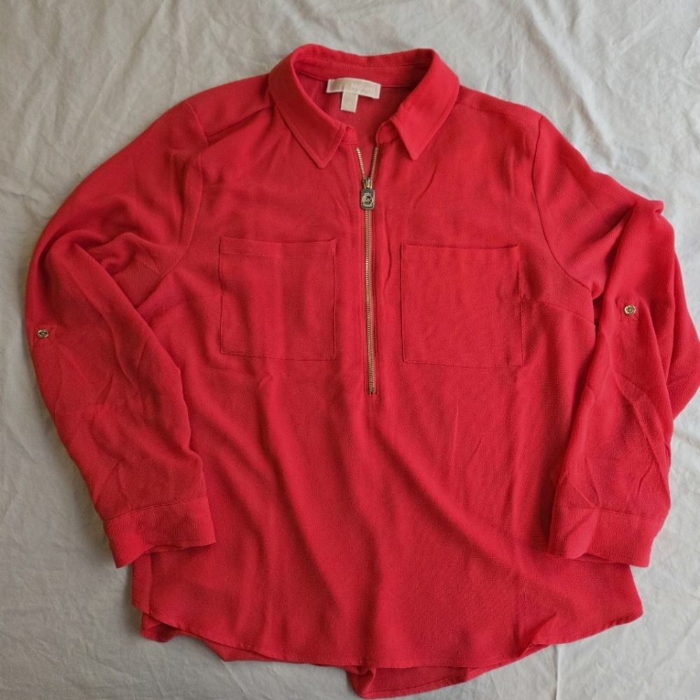 Michael Kors Long Sleeve Blouse Zipper Front - pinkish red with gold hardware